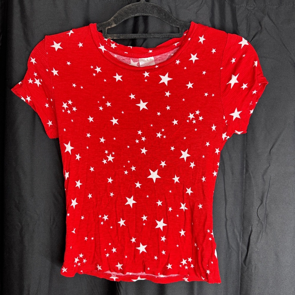 No Boundaries Girls Red White Star Print Ribbed Short Sleeve T-Shirt Size M 7-9